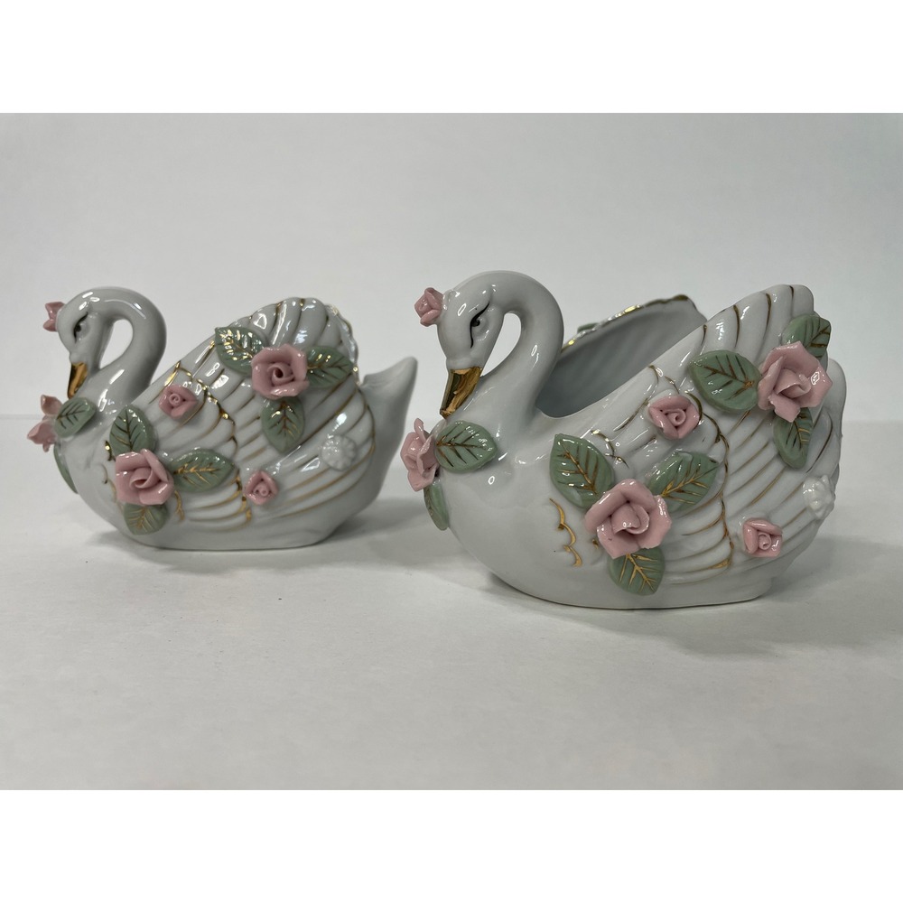 Vintage Porcelain‎ Swan Candle Holder Pink Roses Green Leaves Gold Trim Set of 2